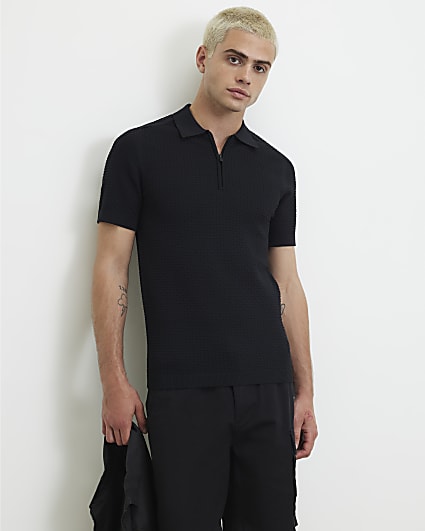 Black Muscle Fit Hexogen Textured Polo Shirt