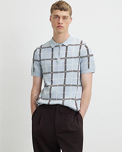 Blue Slim Fit Check Knitted Polo Shirt