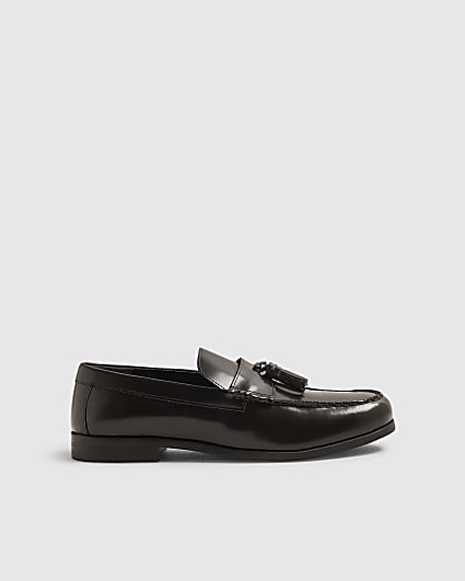 Brown Leather Textured Tassel Loafers