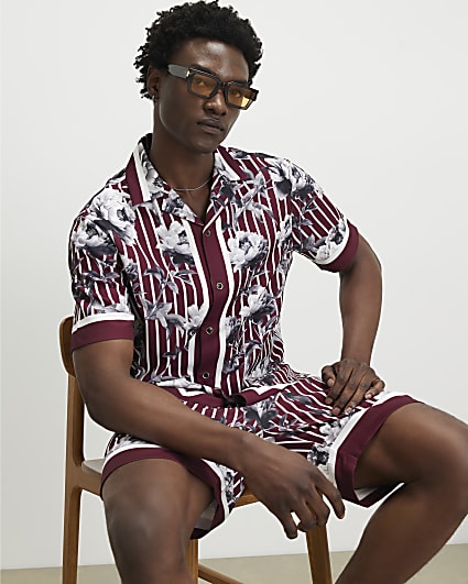 Red Regular Fit Stripe Floral Shirt