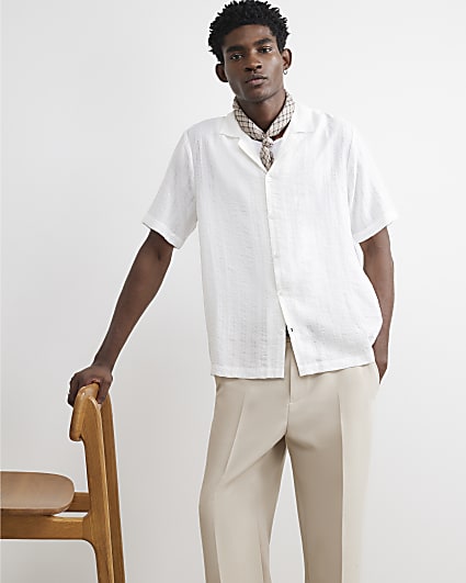 White Cotton Blend Short Sleeve Shirt