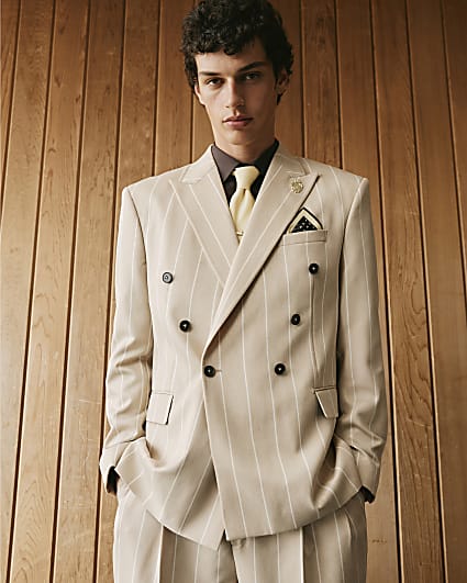 Beige Twisted Tailor Pinstripe Suit Jacket