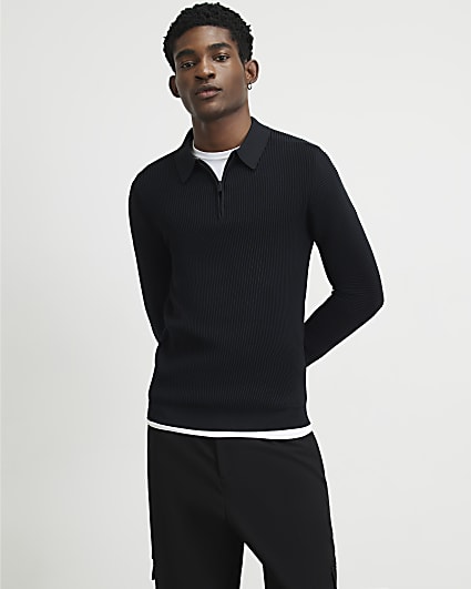 Black Muscle Fit Textured Polo Shirt