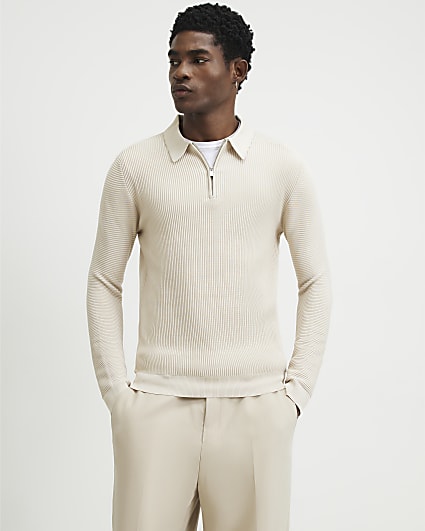 Beige Muscle Fit Textured Polo Shirt