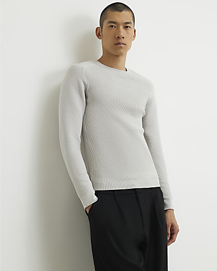 Grey Muscle Fit Long Sleeve Jumper