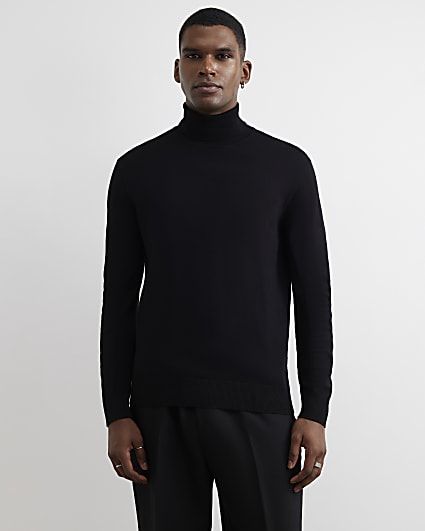 Black Slim Fit Cotton Roll Neck Jumper