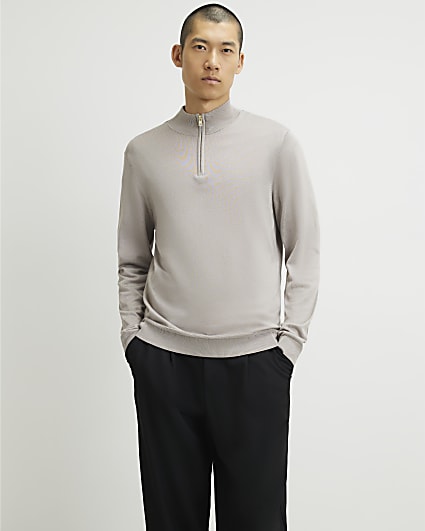 Beige Slim Fit Half Zip Jumper