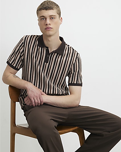 Brown Slim Fit Crochet Stripe Polo Shirt
