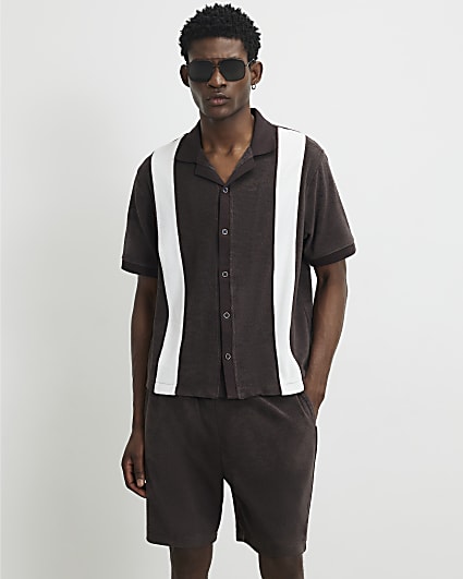 Brown Regular Fit Stripe Towelling Shirt