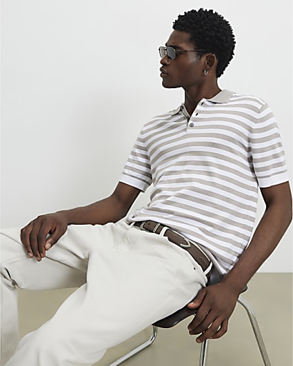 Beige Slim Fit Stripe Knitted Polo Shirt