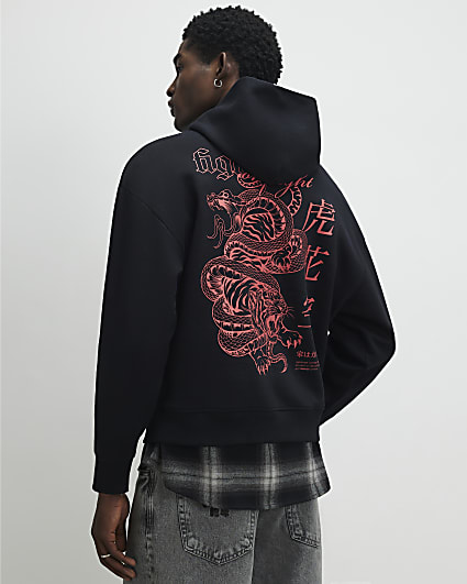 Black Regular Fit Fight Snake Hoodie