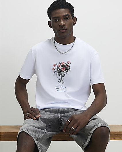 White Oversized Fit Flower T-Shirt