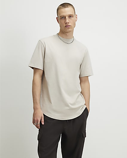 Beige Regular Fit Cotton Curve Hem T-Shirt