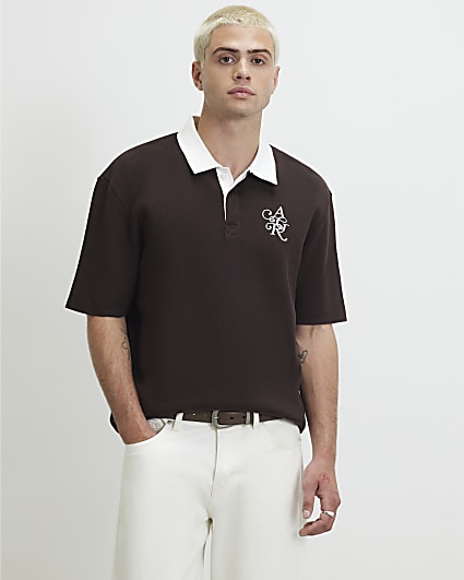 Brown Cotton Knitted Embroidered Rugby Shirt