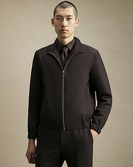 Brown Funnel Neck Smart Jacket