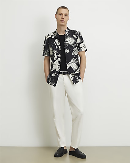 Black Slim Fit Floral Print Shirt
