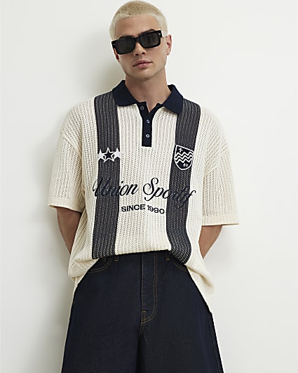 Cream Oversized Fit Stripe Crochet Polo Shirt