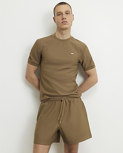 Brown Muscle Fit Textured T-Shirt