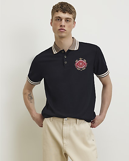 Navy Slim Fit Tipped Crest Polo Shirt