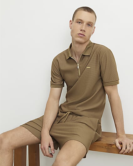 Brown Muscle Fit Quarter Zipped Polo Shirt