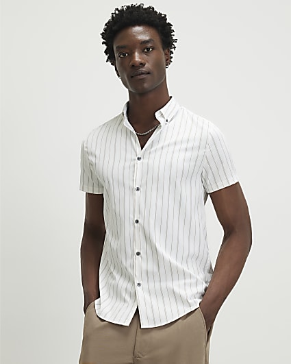 White Short Sleeve Muscle Fit Stripe Shirt
