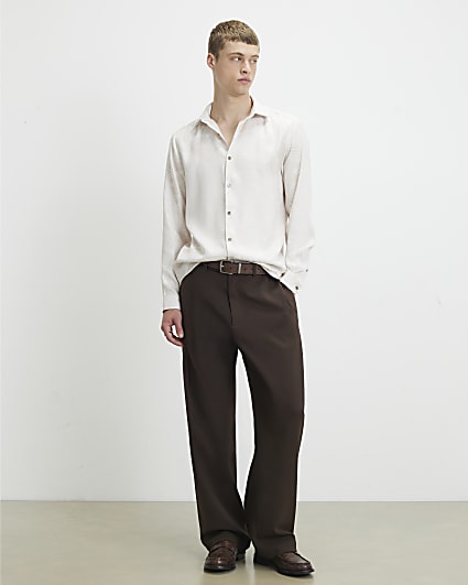 Cream Long Sleeve Palm Leaf Jacquard Shirt