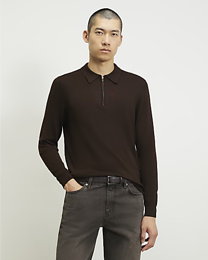 Brown Slim Fit Knitted Zip Polo Shirt