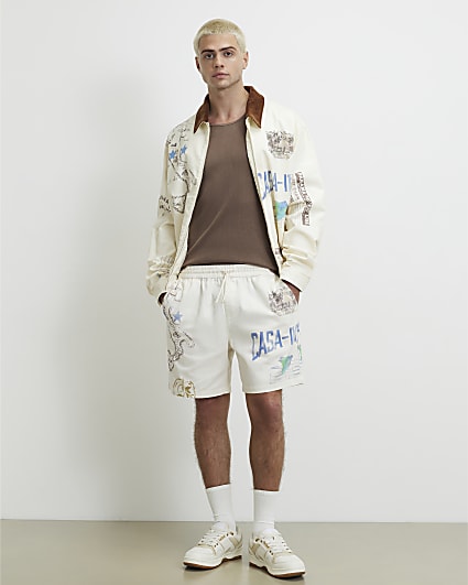 Cream Regular Fit Cotton Panama Print Shorts