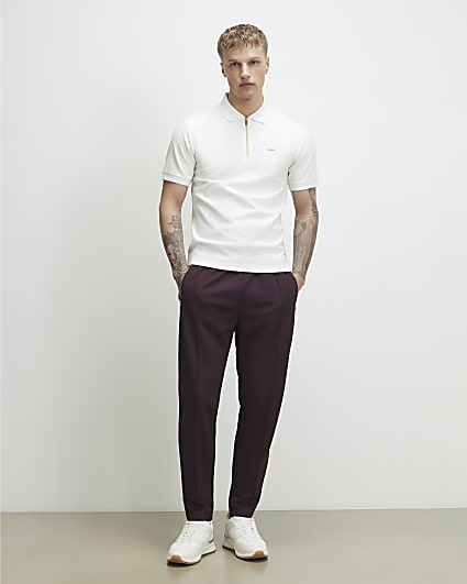 White Muscle Fit Textured Zip Polo Shirt
