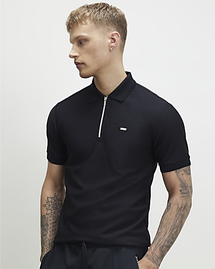 Navy Muscle Fit Textured Zip Polo Shirt