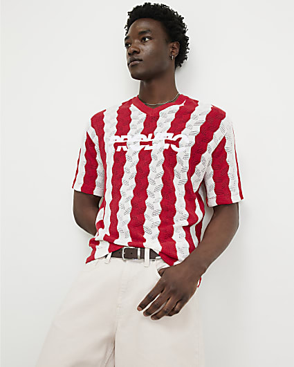 Red Wavy Crochet V Neck Knitted Jumper