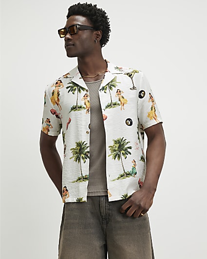 White Regular Fit Hula Hawaiian Shirt