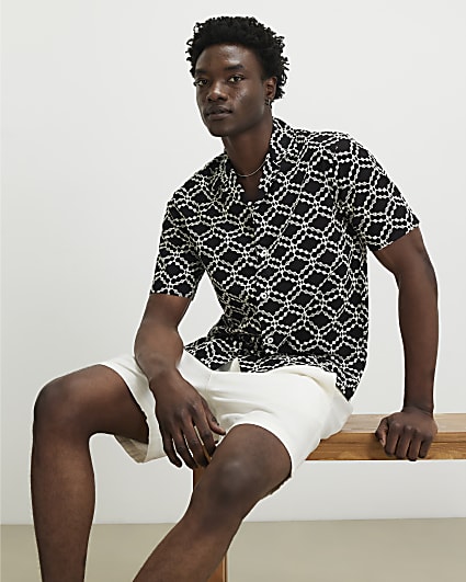 Black Regular Fit Geometric Embroidered Shirt