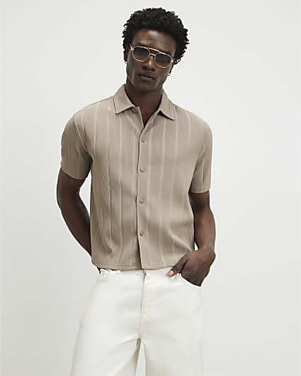 Beige Boxy Fit Ribbed Shirt