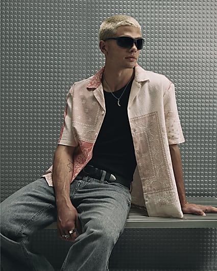 Pink Slim Fit Tapestry Print Cotton Shirt