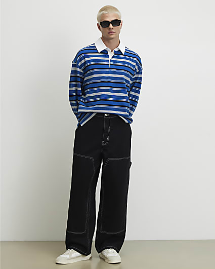 Blue Oversized Fit Cotton Striped Polo Shirt