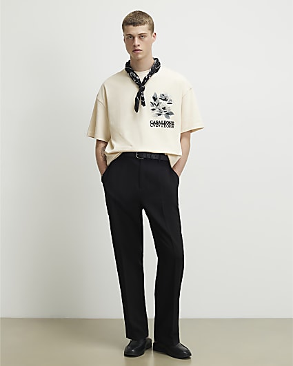 Beige Oversized Cotton Blend Floral T-Shirt