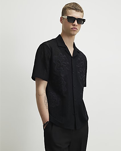 Black Regular Fit Cotton Crochet Floral Shirt