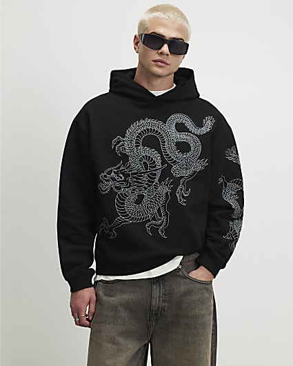 Black Oversized Fit Embroidered Dragon Hoodie