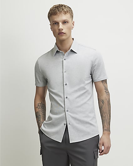 Grey Muscle Fit Pique Short Sleeve Shirt