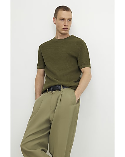 Khaki Slim Fit Cotton Waffle Knitted T-Shirt