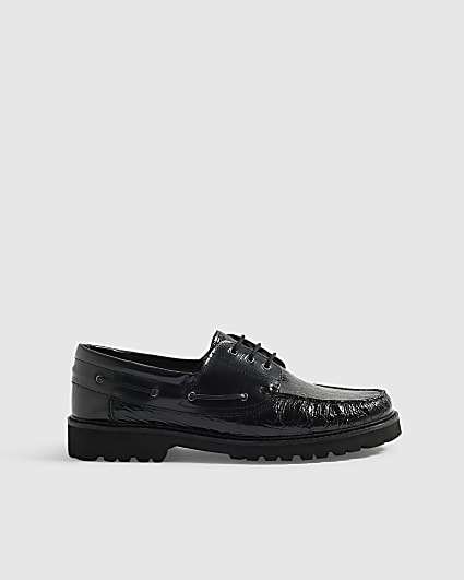 Black Twisted Tailor Leather Boat Shoes