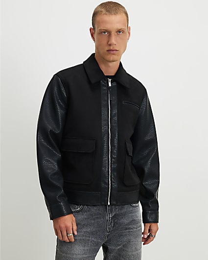 Black Faux Leather Blocked Harrington Jacket