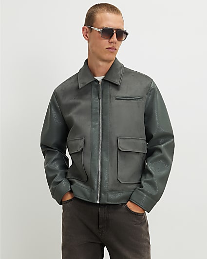 Green Faux Leather Blocked Harrington Jacket