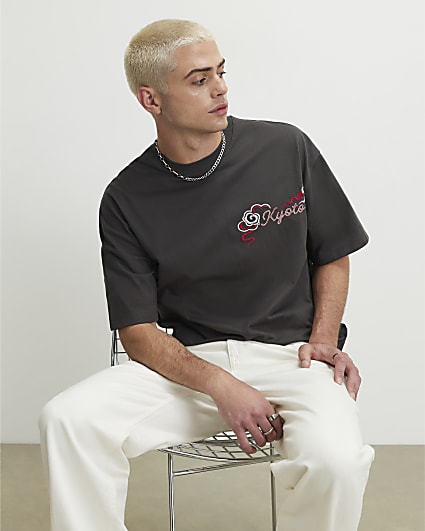Grey Cotton Embroidered Kyoto T-Shirt