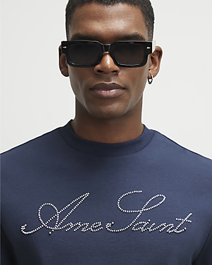 Navy Cotton Ame Saint Beaded T-Shirt