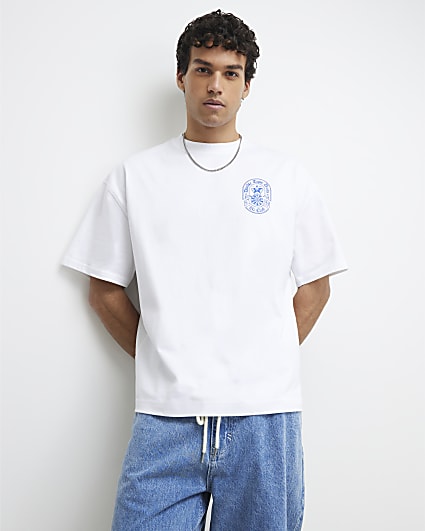 White Oversized Fit Dart Beer Label T-Shirt