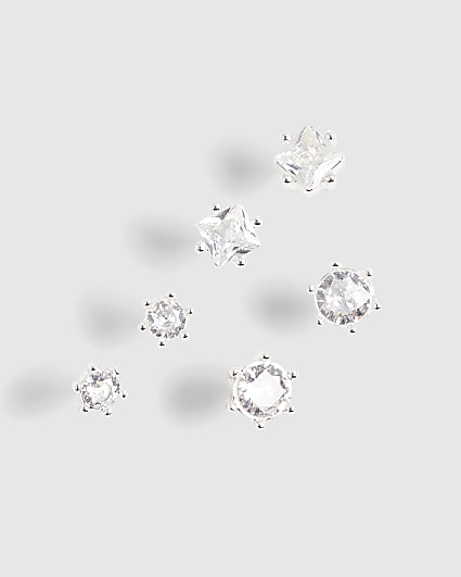 Silver Set Of 3 Cubic Zirconia Stud Earrings