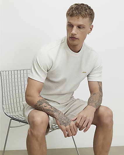 Grey Slim Fit Jacquard  Textured T-Shirt