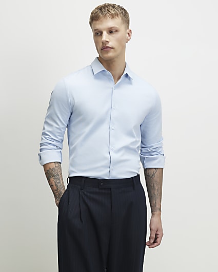 Blue Muscle Fit Pique Long Sleeve Shirt